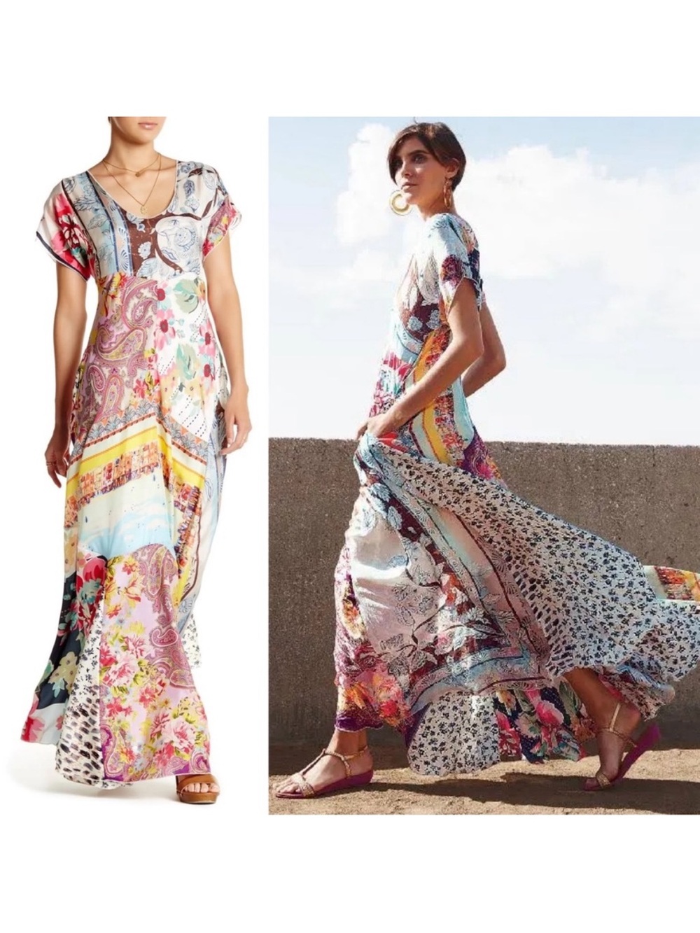Johnny Was Tropic Georgette Silk Patchwork Maxi Dress, Size L